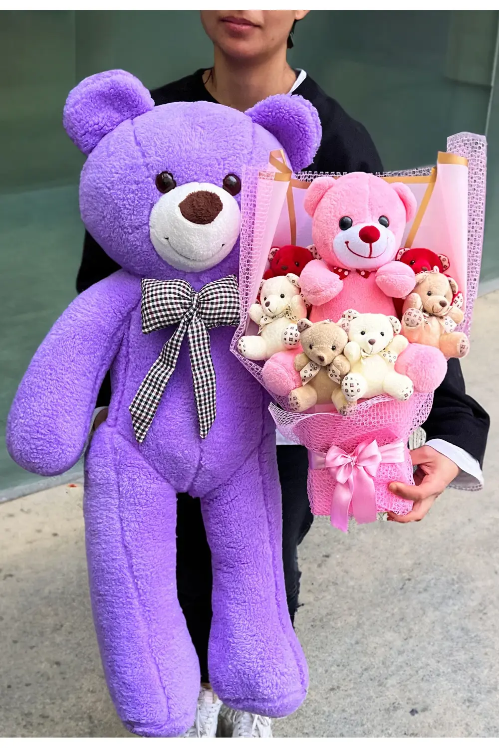 Sevgiliye Hediye 90cm Mor Ayıcık ve Büyük Ayıcıklı Ayıcık Buketi