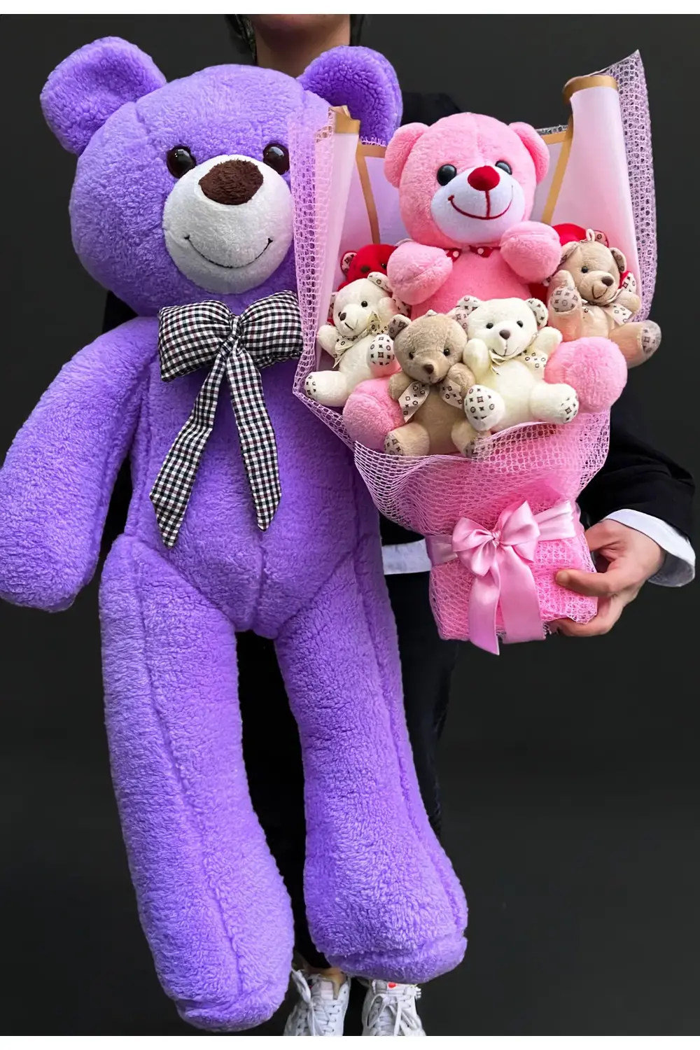 Sevgiliye Hediye 90cm Mor Ayıcık ve Büyük Ayıcıklı Ayıcık Buketi