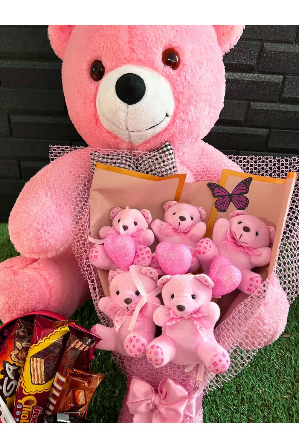 Sevgiliye Hediye Ayıcık Buketi Çikolata Kutusu ve 55cm Pembe Ayıc