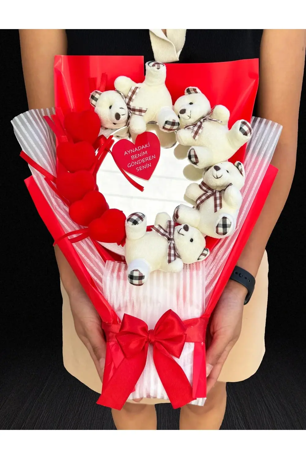 Sevgiliye Hediye - Ayıcıklı Kalpli ve Aynalı Buket - Doğum Günü -