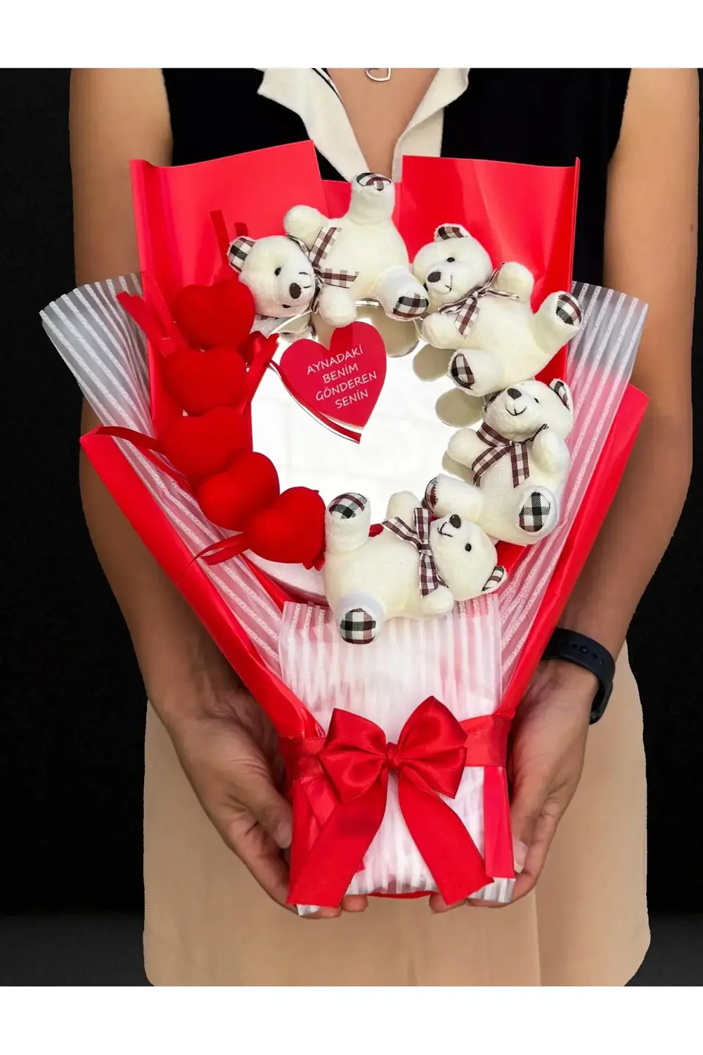 Sevgiliye Hediye - Ayıcıklı Kalpli ve Aynalı Buket - Doğum Günü -
