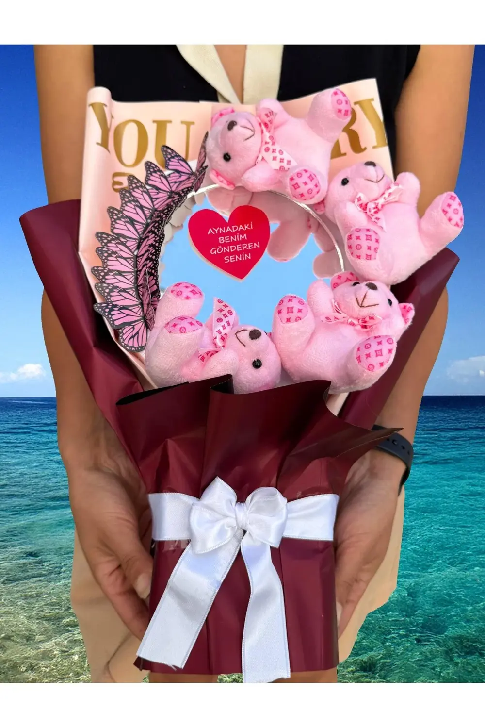 Sevgiliye Hediye Aynalı Buket Pembe Ayıcıklı ve Pembe Kelebekli -