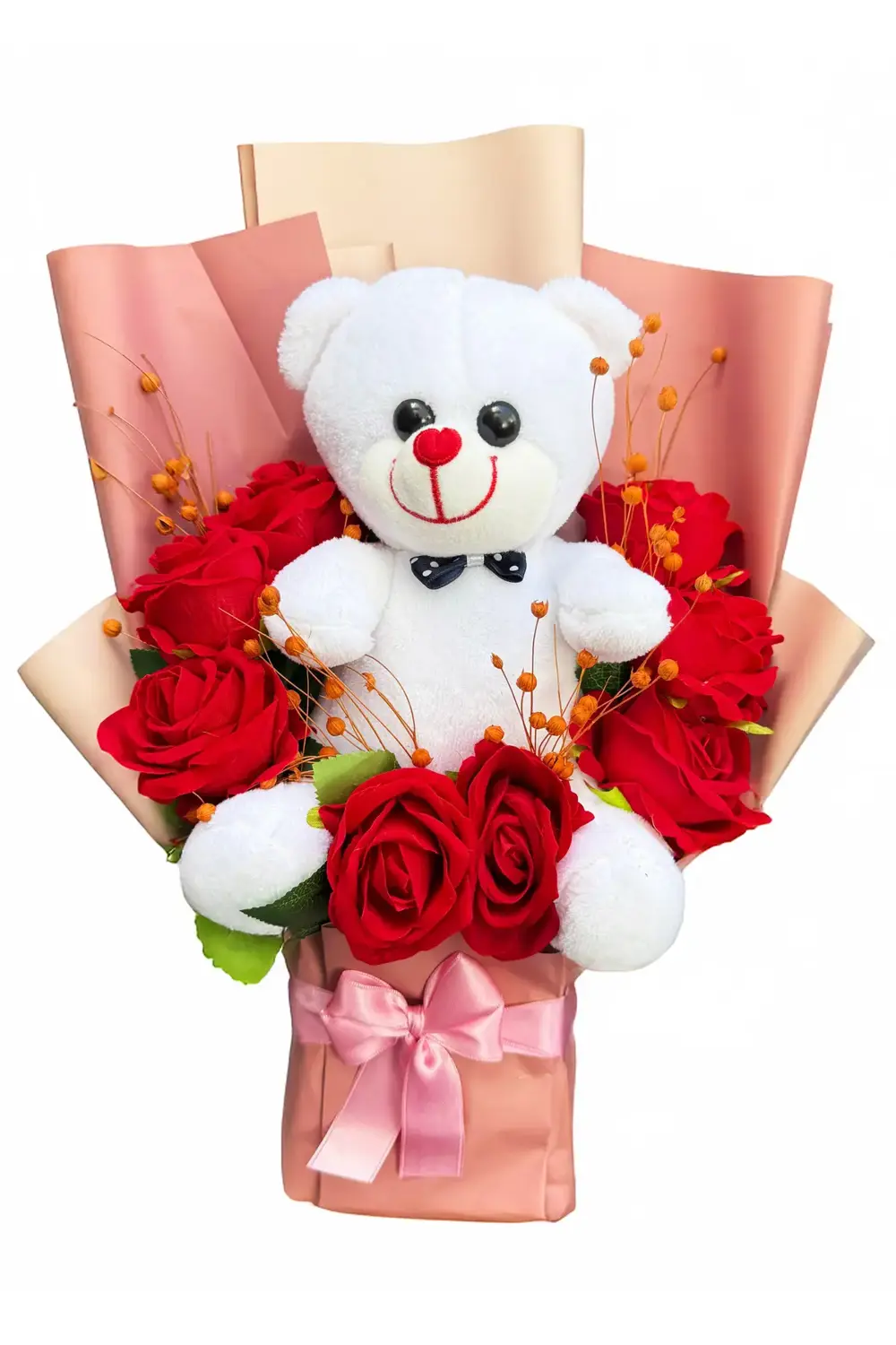 Sevgiliye Hediye Beyaz Ayıcıklı Kırmızı Gül Buketi Sevgiliye Cice