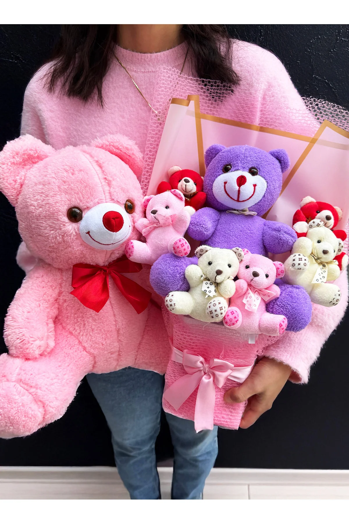 Sevgiliye Hediye Büyü Mor Ayıcıklı Ayıcık Buketi ve 35cm Pembe Ay