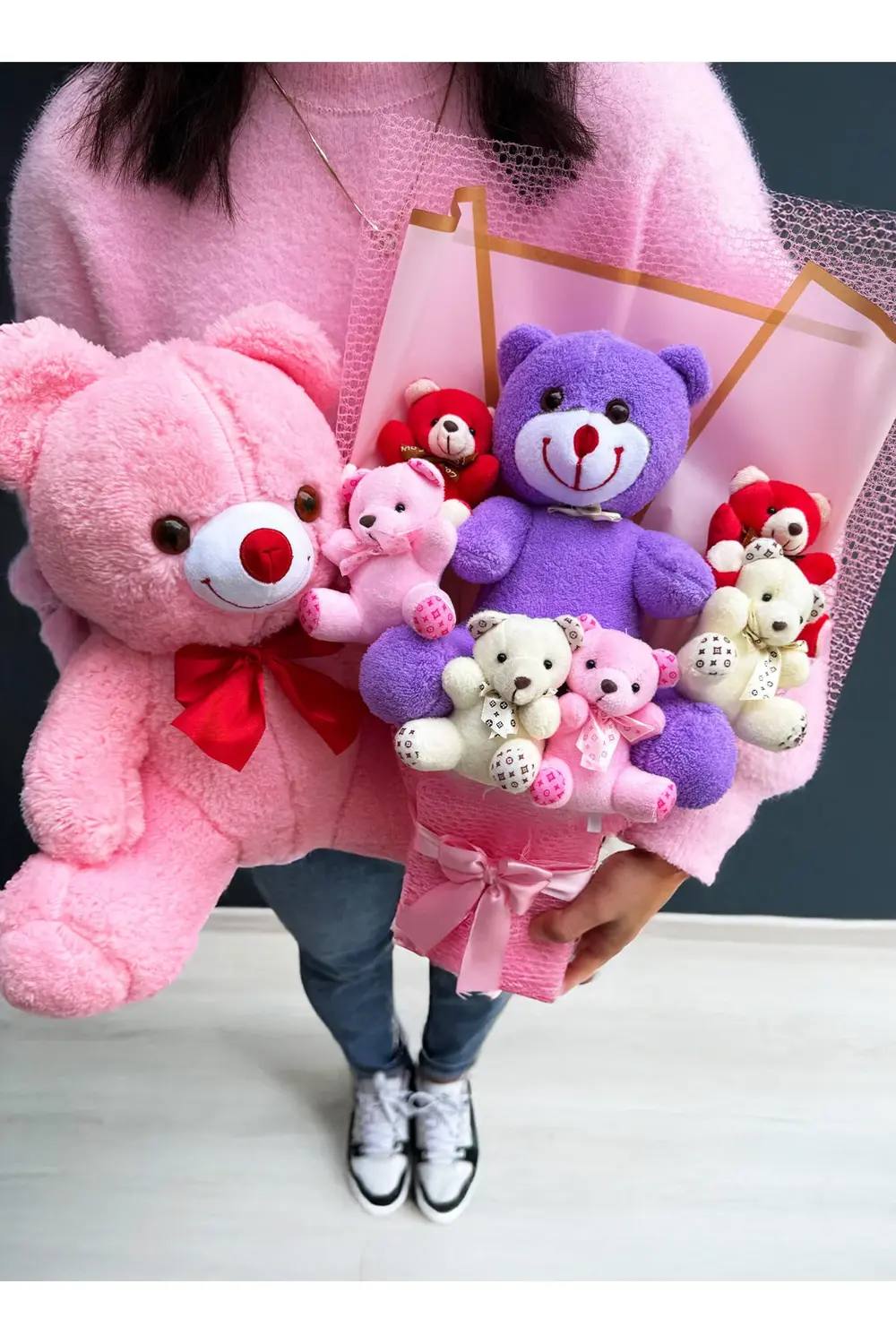 Sevgiliye Hediye Büyü Mor Ayıcıklı Ayıcık Buketi ve 35cm Pembe Ay