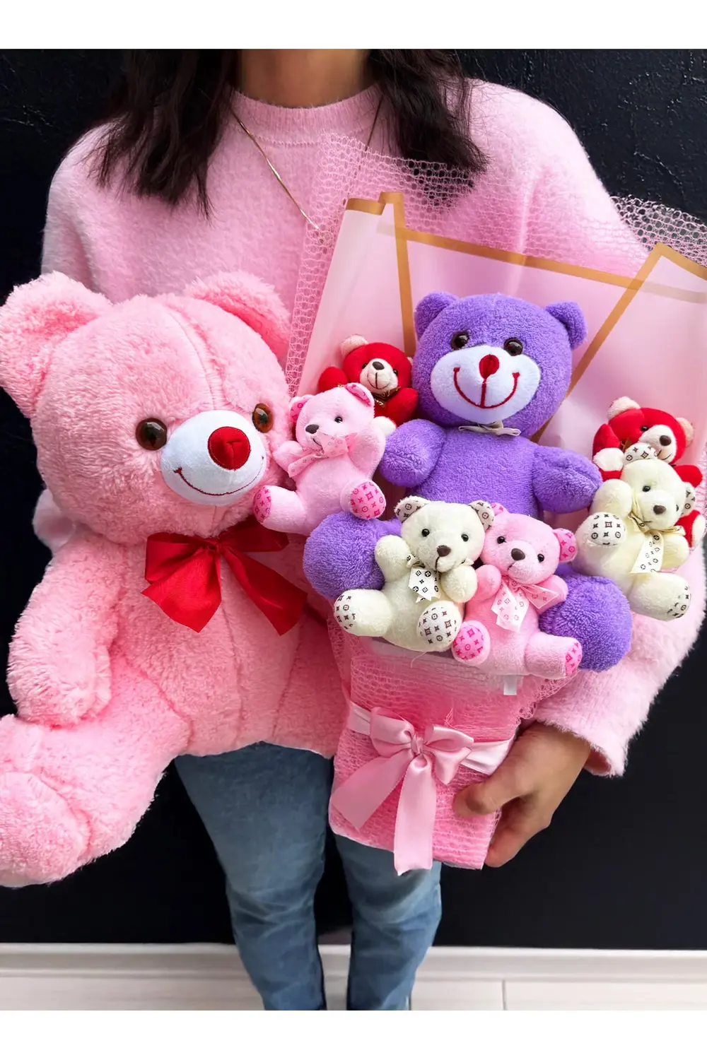 Sevgiliye Hediye Büyü Mor Ayıcıklı Ayıcık Buketi ve 35cm Pembe Ay