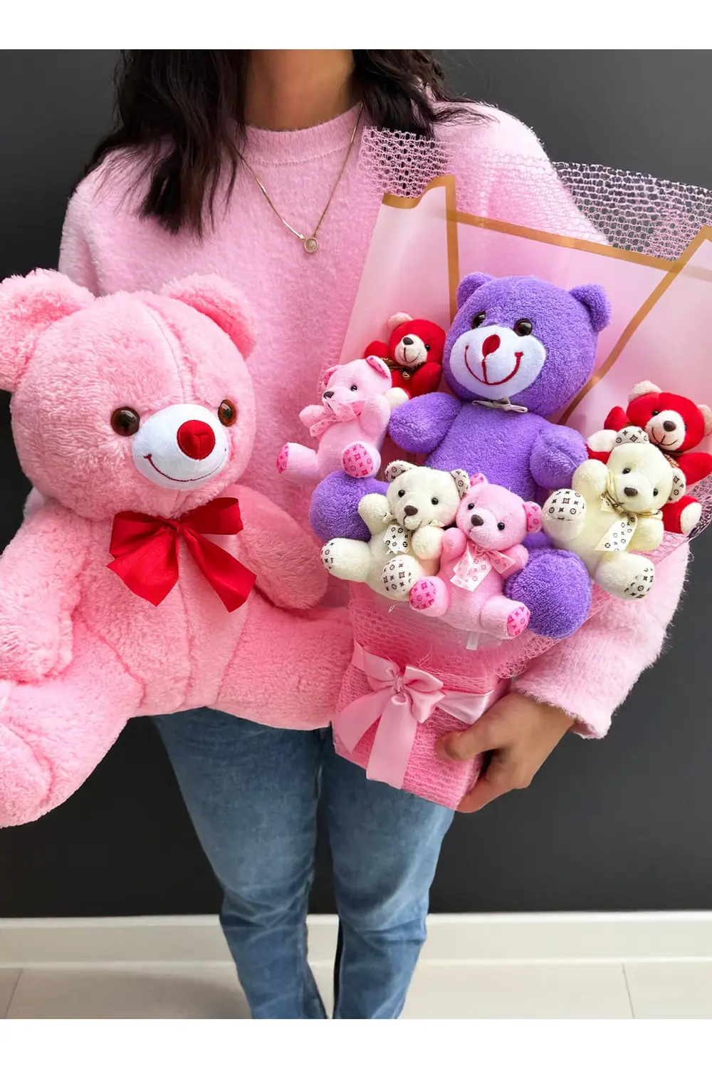 Sevgiliye Hediye Büyü Mor Ayıcıklı Ayıcık Buketi ve 35cm Pembe Ay