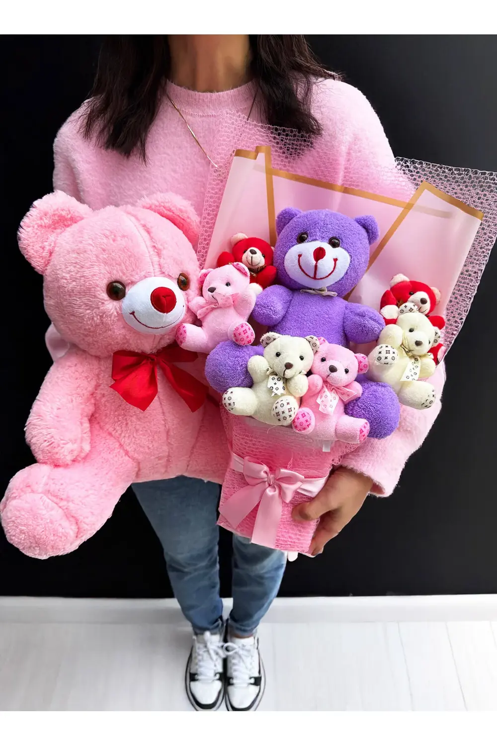 Sevgiliye Hediye Büyü Mor Ayıcıklı Ayıcık Buketi ve 35cm Pembe Ay