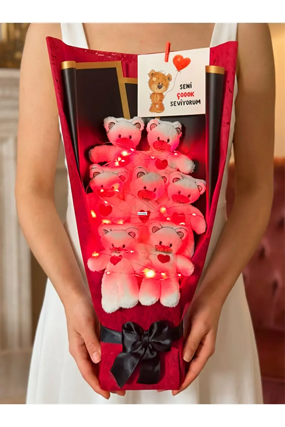Sevgiliye Hediye Kırmızı Işıklı Ayıcık Buketi Romantik Hediye Sev