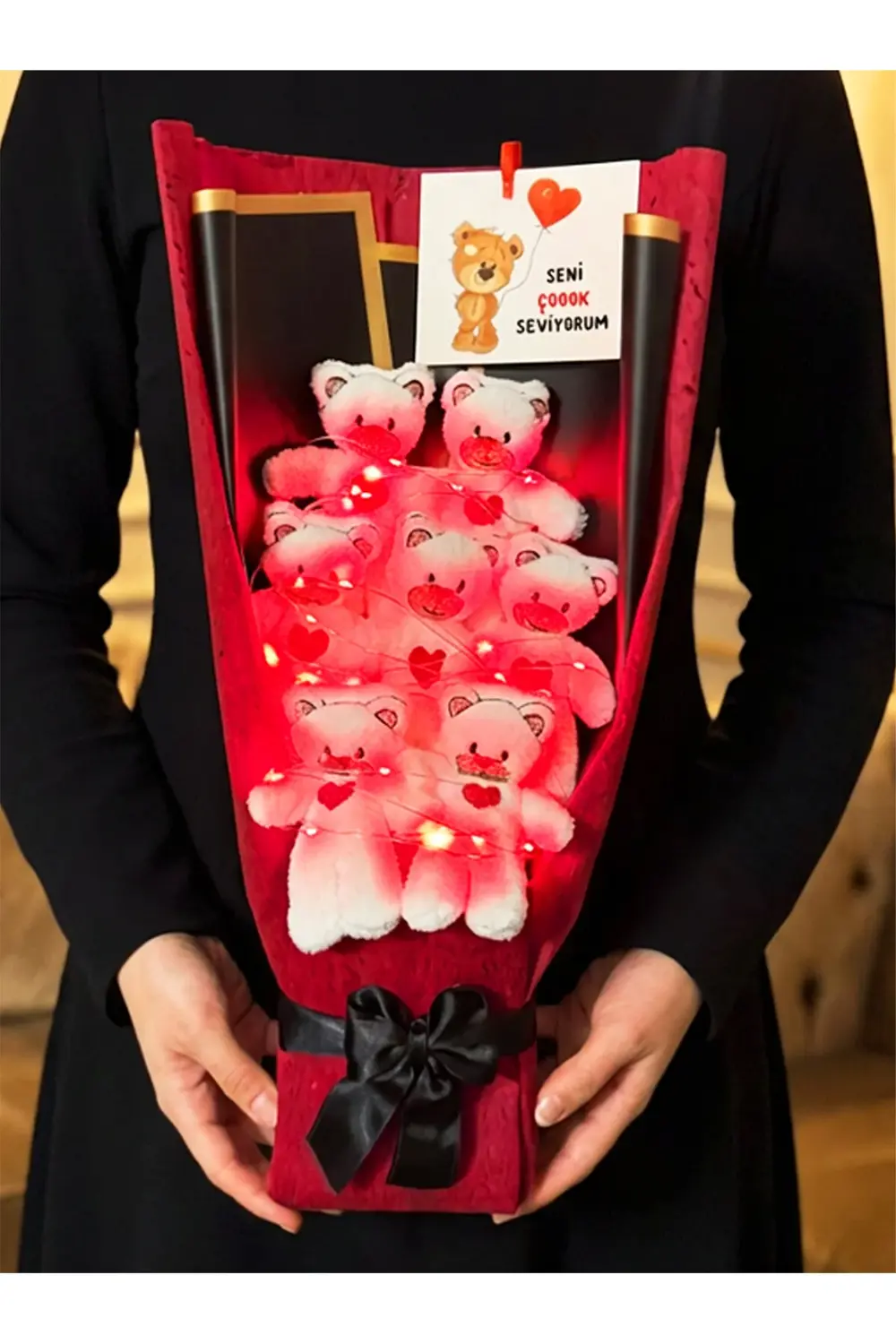 Sevgiliye Hediye Kırmızı Işıklı Ayıcık Buketi Romantik Hediye Sev