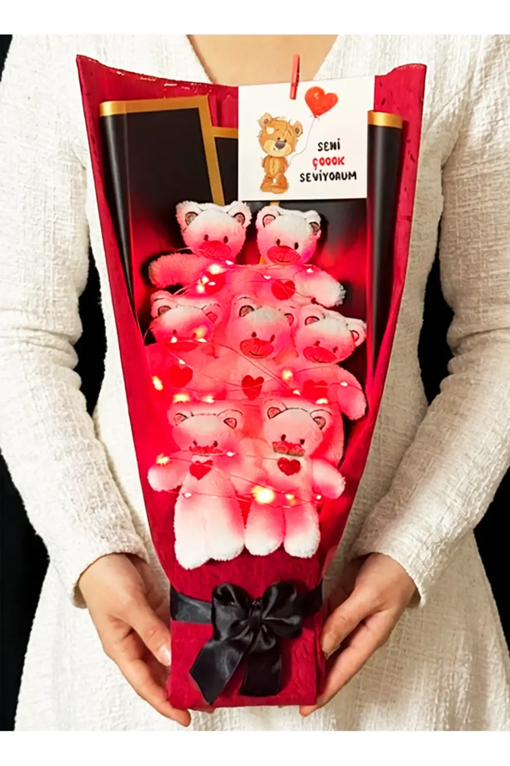 Sevgiliye Hediye Kırmızı Işıklı Ayıcık Buketi Romantik Hediye Sev