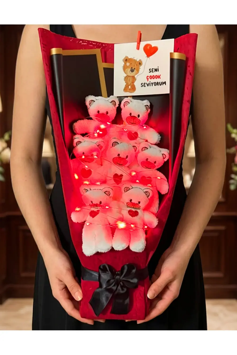 Sevgiliye Hediye Kırmızı Işıklı Ayıcık Buketi Romantik Hediye Sev
