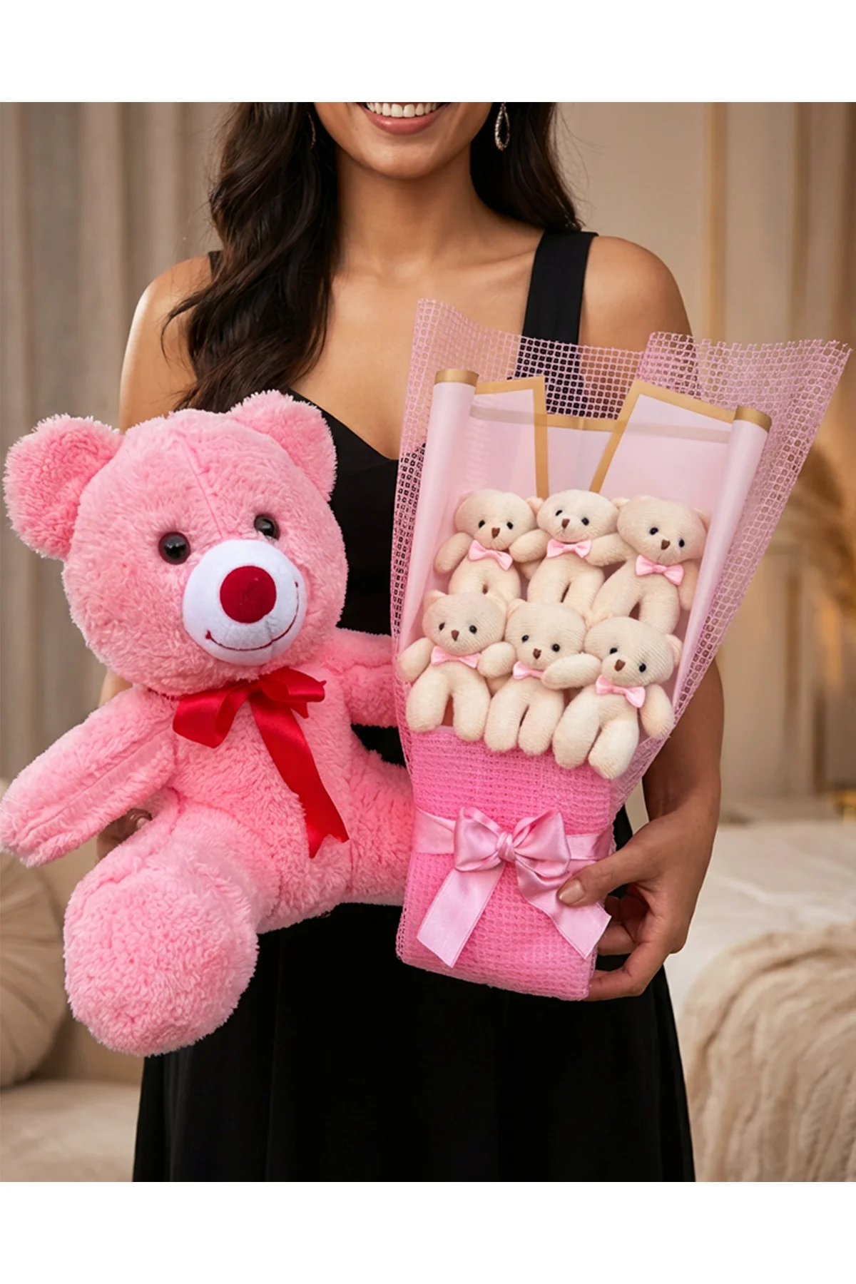 Sevgiliye Hediye - Kiza Hediye 35cm Pembe Ayıcık ve 6lı Ayıcık Bu