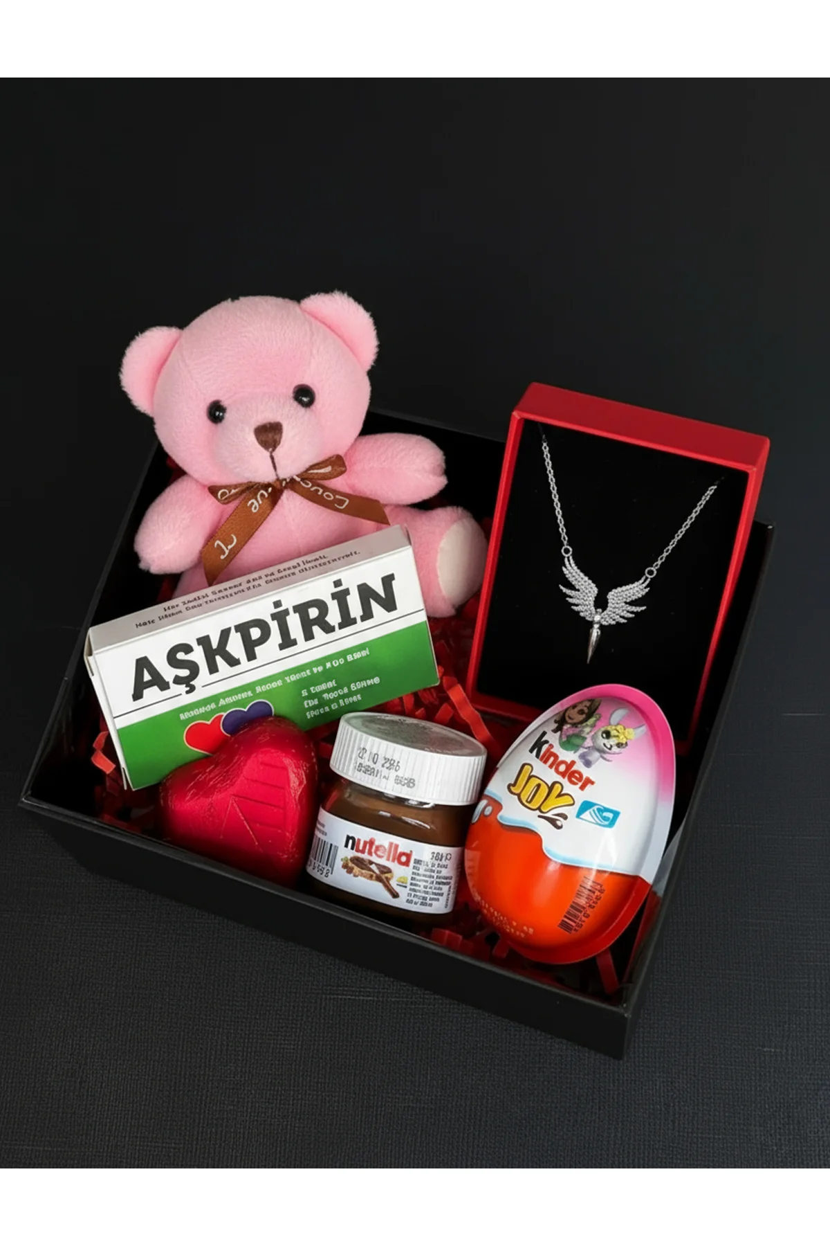 Sevgiliye Hediye Kutusu - Pembe Mini Ayıcık - Çelik Melek Kolye -