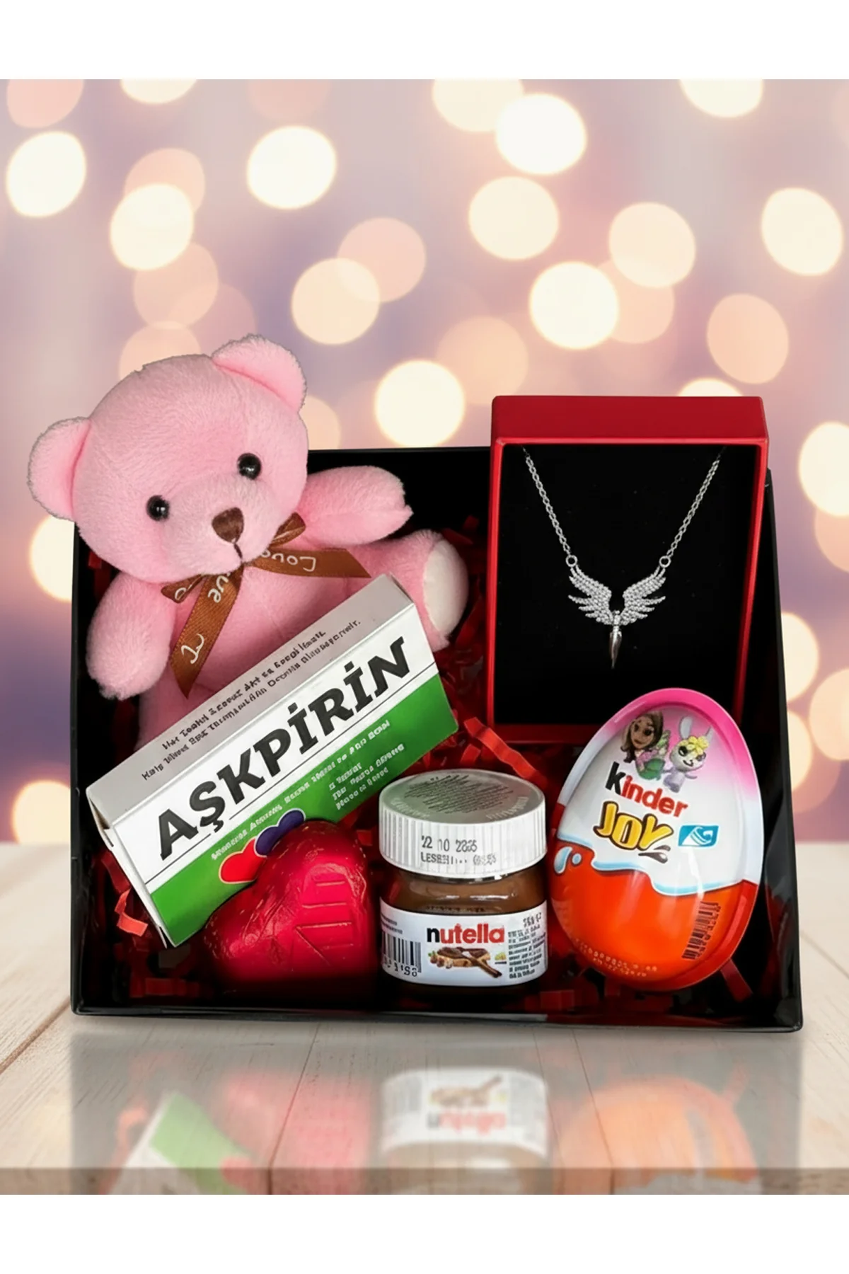 Sevgiliye Hediye Kutusu - Pembe Mini Ayıcık - Çelik Melek Kolye -