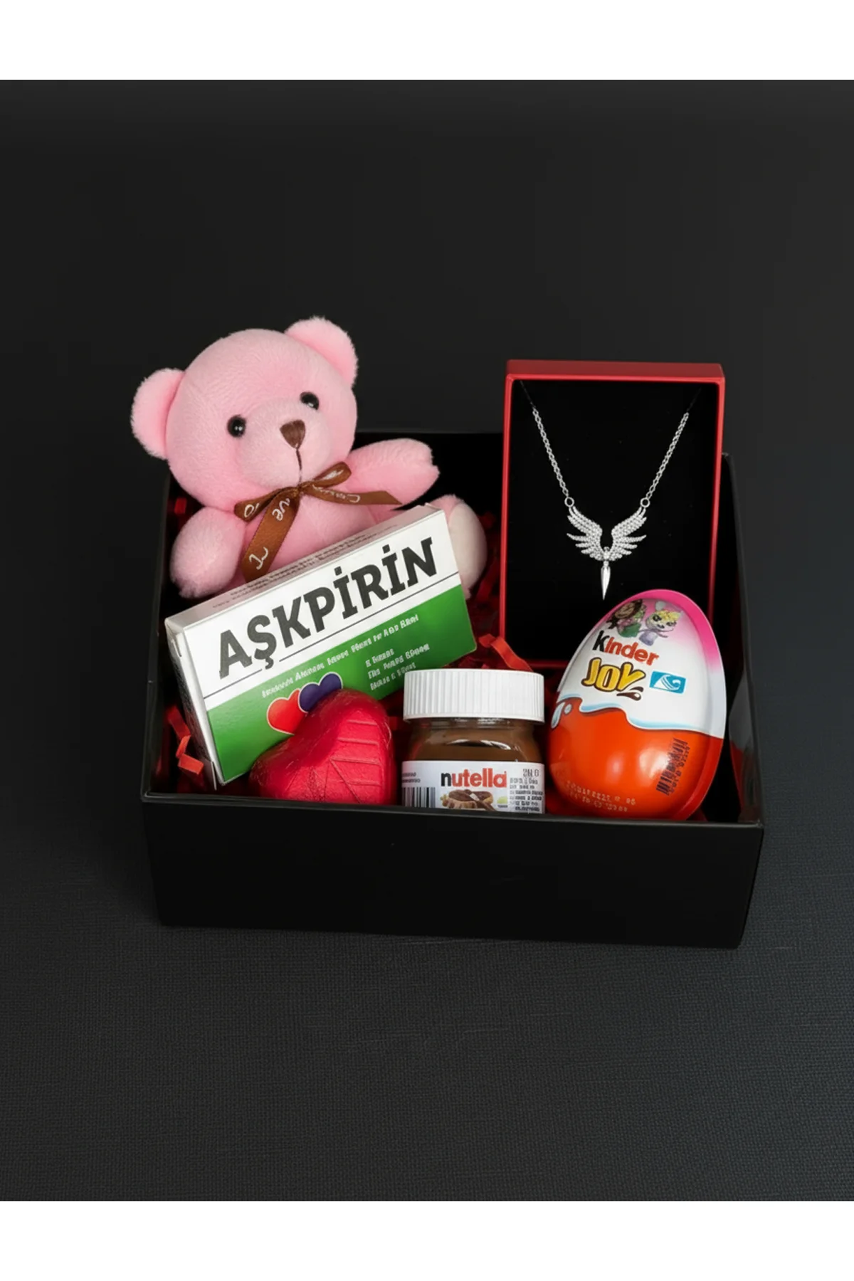 Sevgiliye Hediye Kutusu - Pembe Mini Ayıcık - Çelik Melek Kolye -