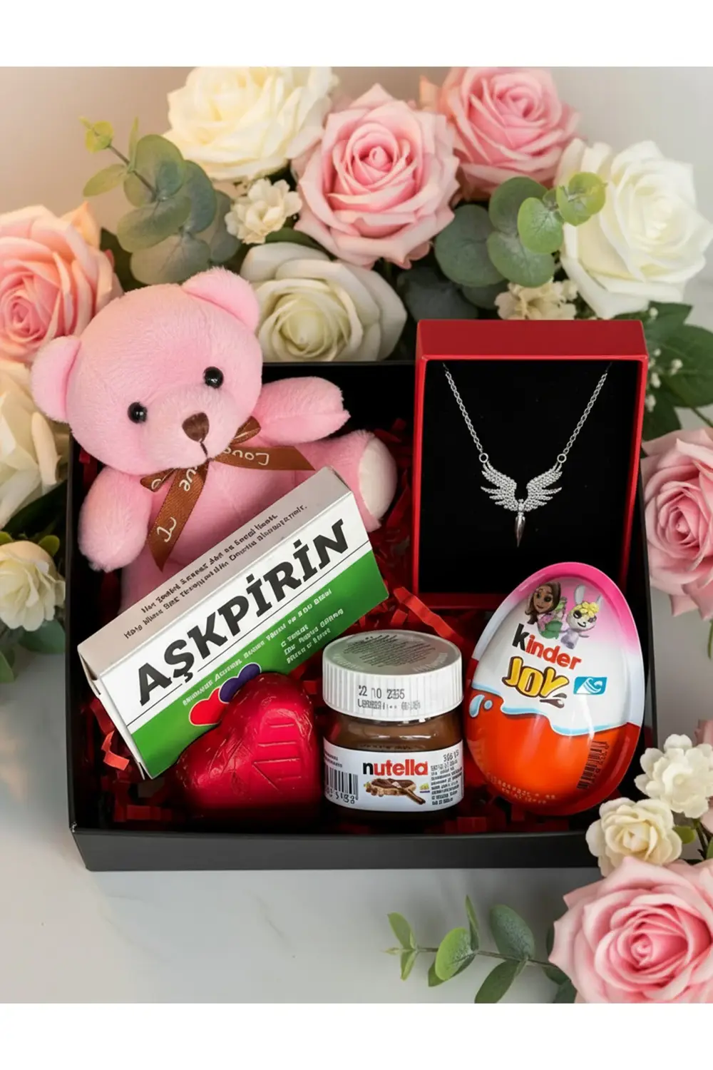 Sevgiliye Hediye Kutusu - Pembe Mini Ayıcık - Çelik Melek Kolye -