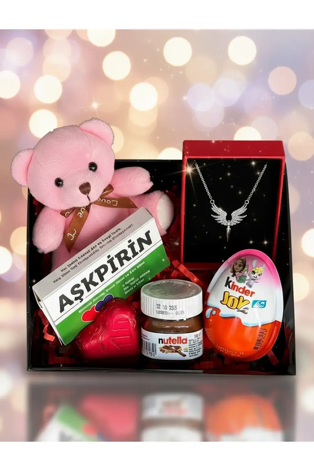 Sevgiliye Hediye Kutusu - Pembe Mini Ayıcık - Çelik Melek Kolye -