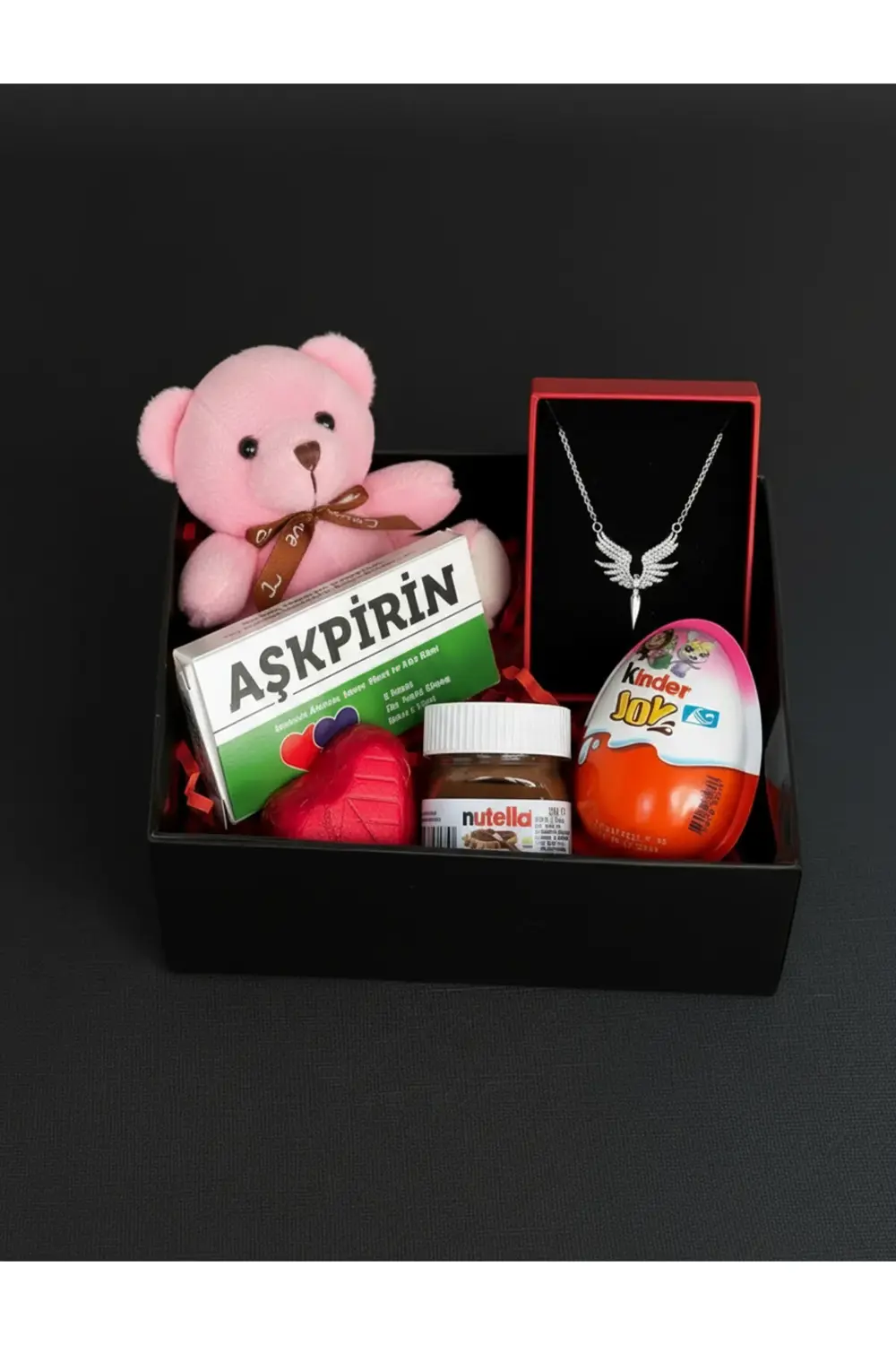 Sevgiliye Hediye Kutusu - Pembe Mini Ayıcık - Çelik Melek Kolye -