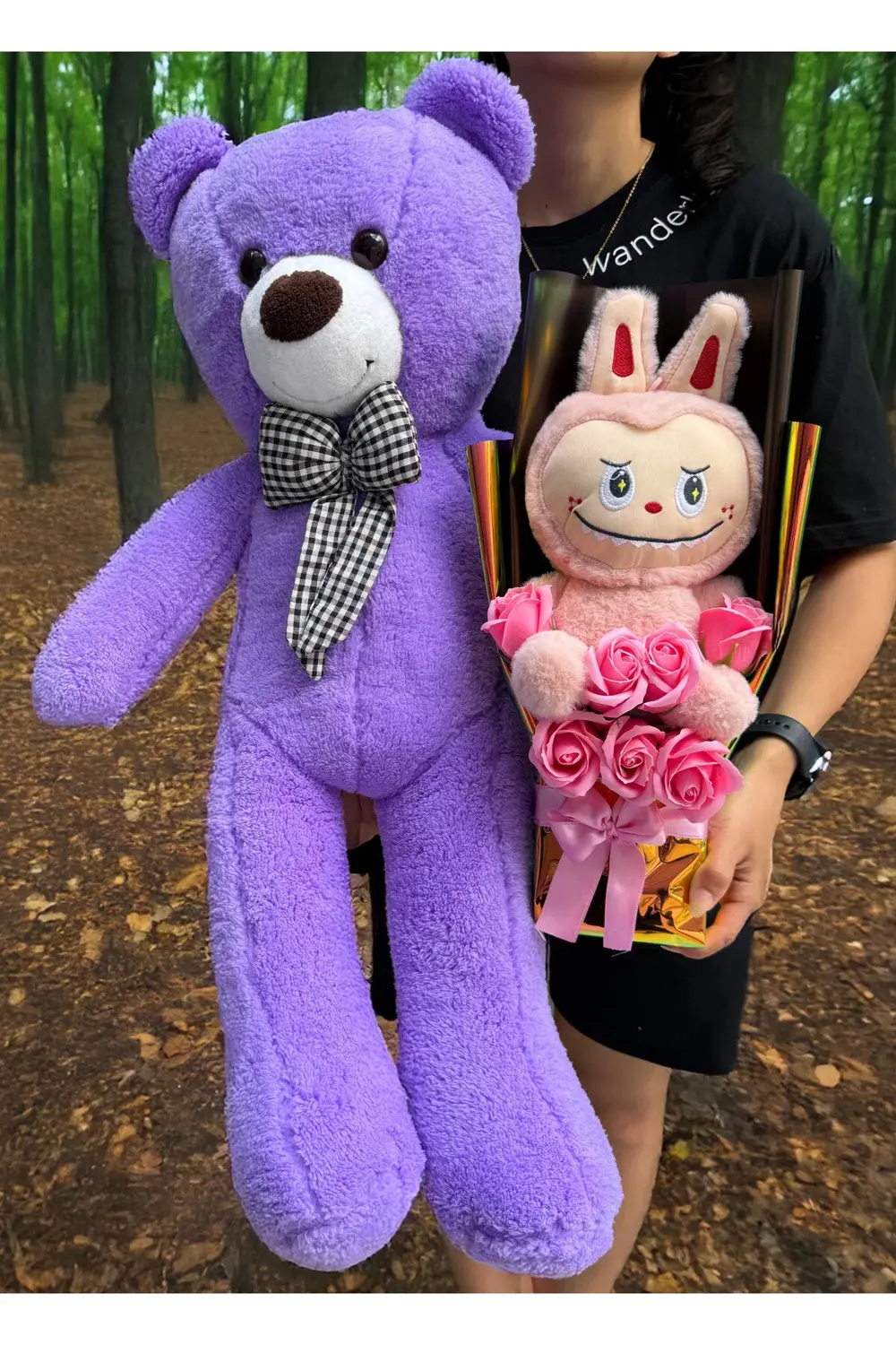 Sevgiliye Hediye - Labubu Peluş Oyuncaklı Pembe Güllü Buket ve 80