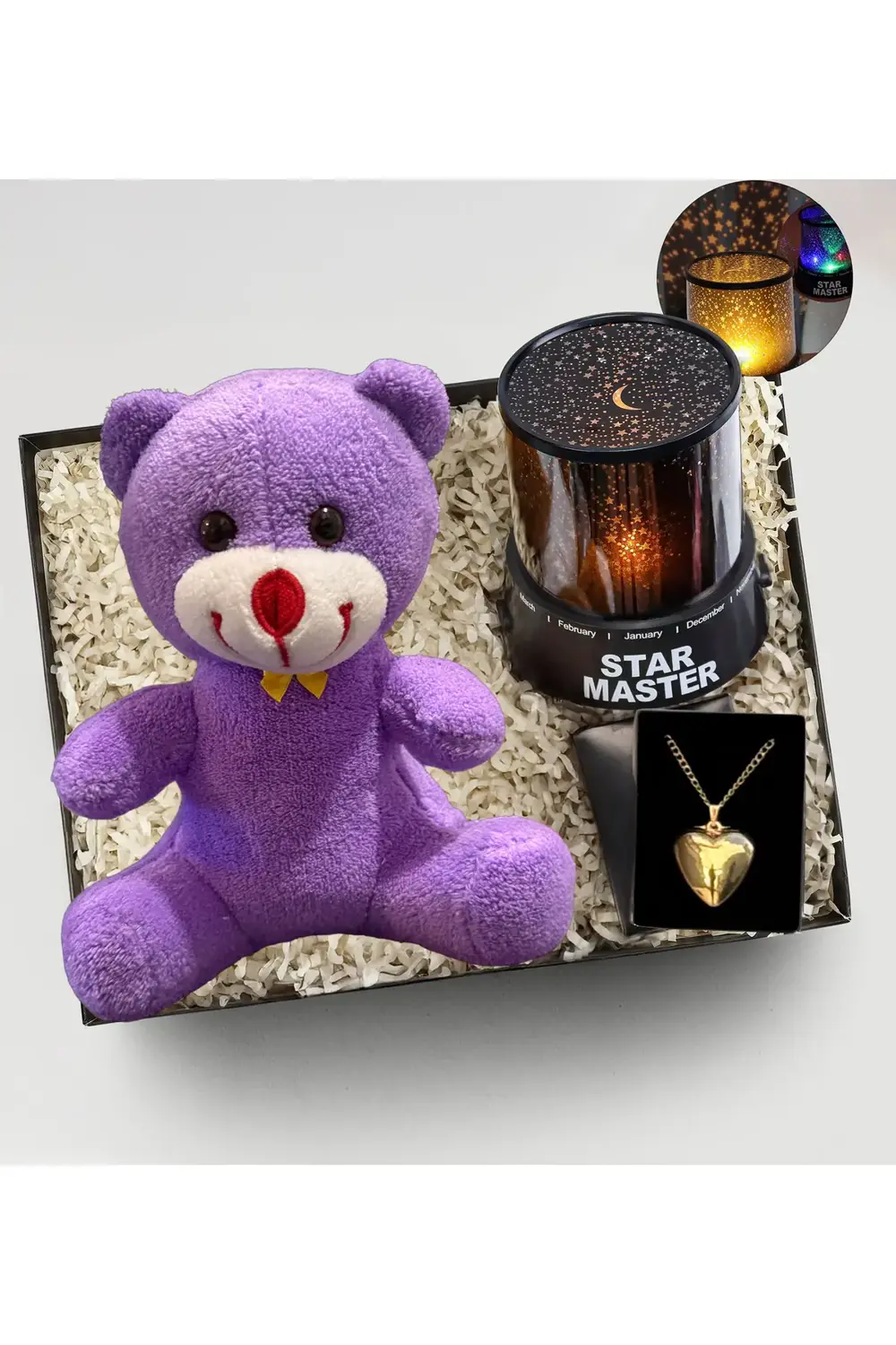 Sevgiliye Hediye Mor Ayıcık Çelik Kolye ve Gökyüzü Gece Lambası K