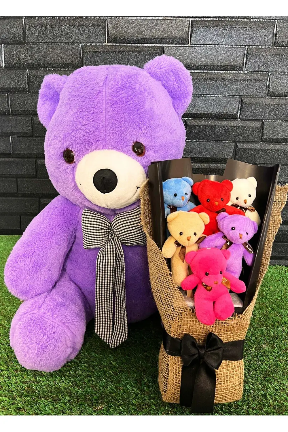 Sevgiliye Hediye Set 55cm Mor Ayıcık ve Rengarenk Ayıcıklı 6lı Ay