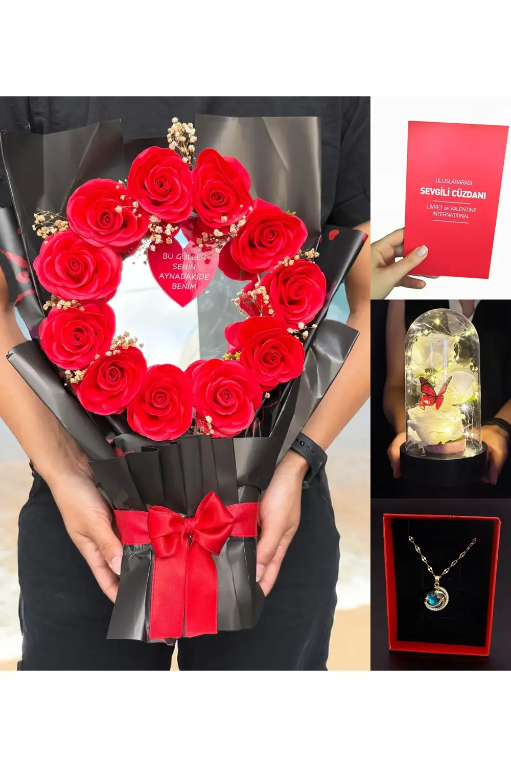 Sevgiliye Hediye Set - Aynalı Çiçek Buketi - Çelik Gezegen Kolye