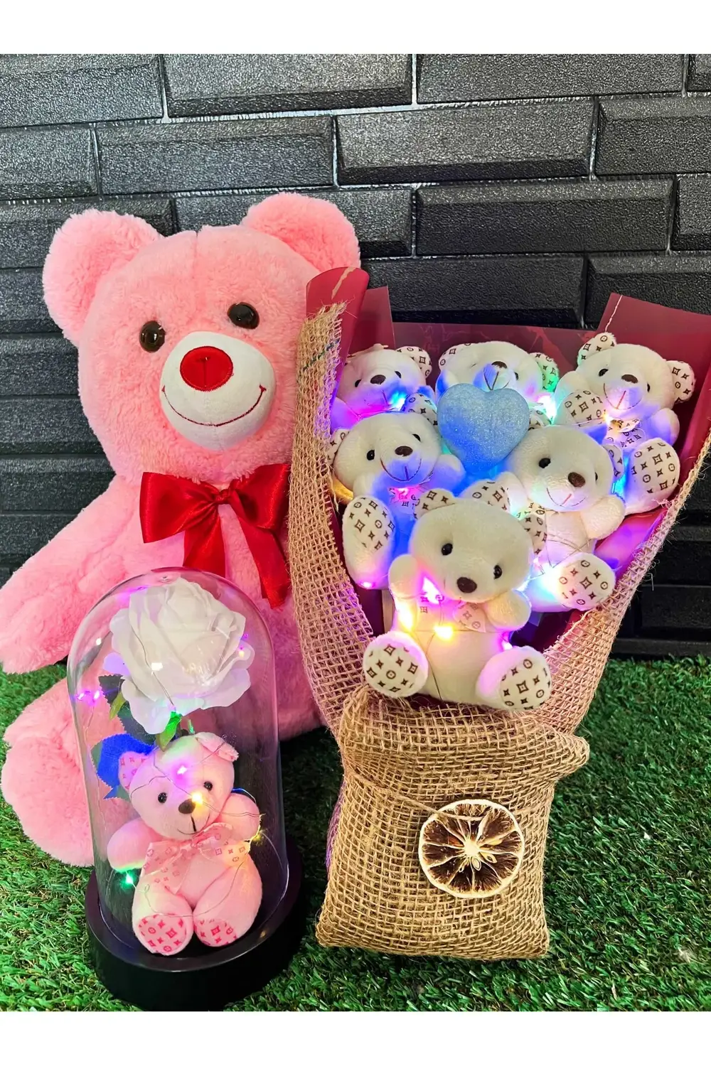 Sevgiliye Hediye Seti 35cm Pembe Ayıcık - Işıklı Ayıcık Buketi ve