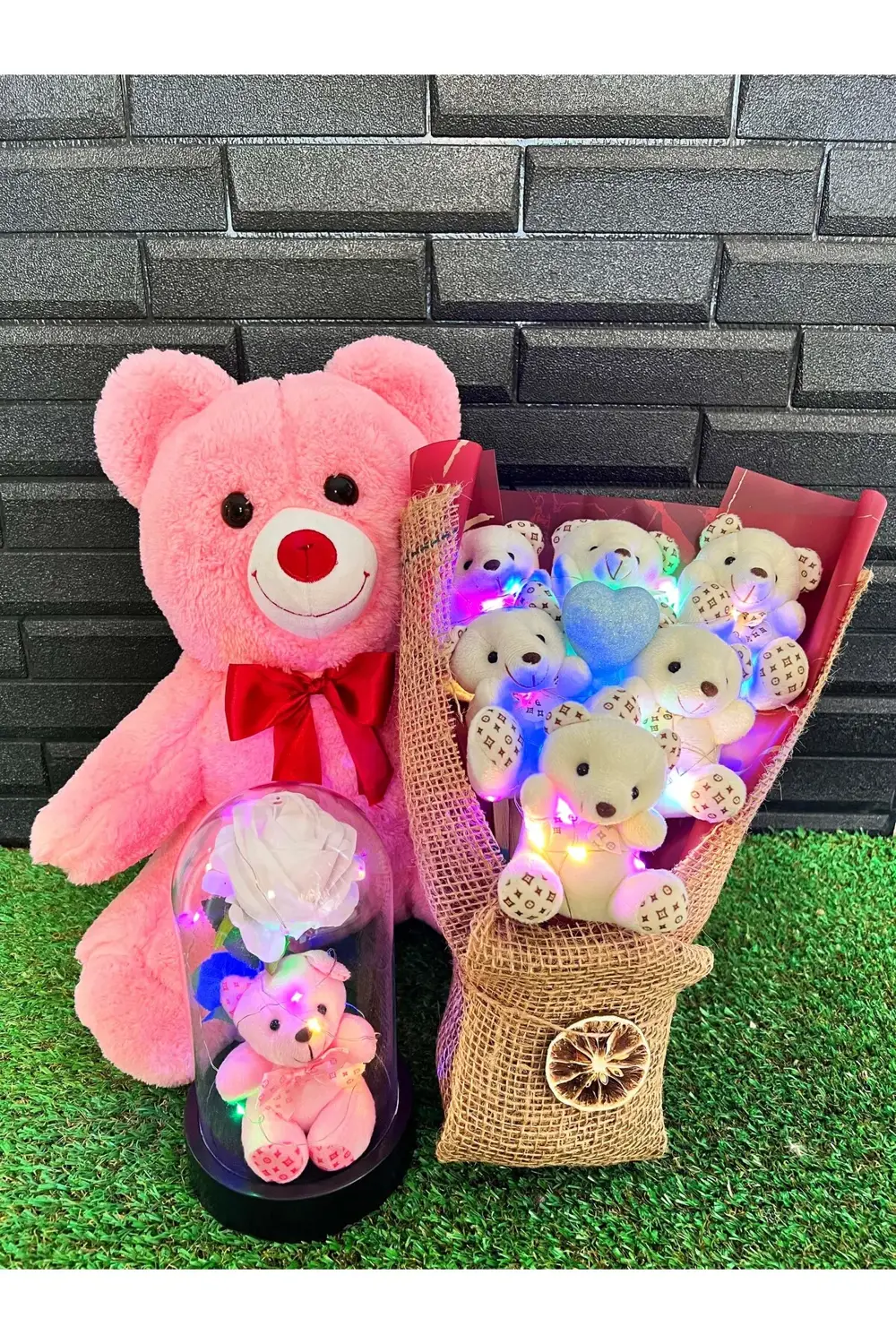 Sevgiliye Hediye Seti 35cm Pembe Ayıcık - Işıklı Ayıcık Buketi ve