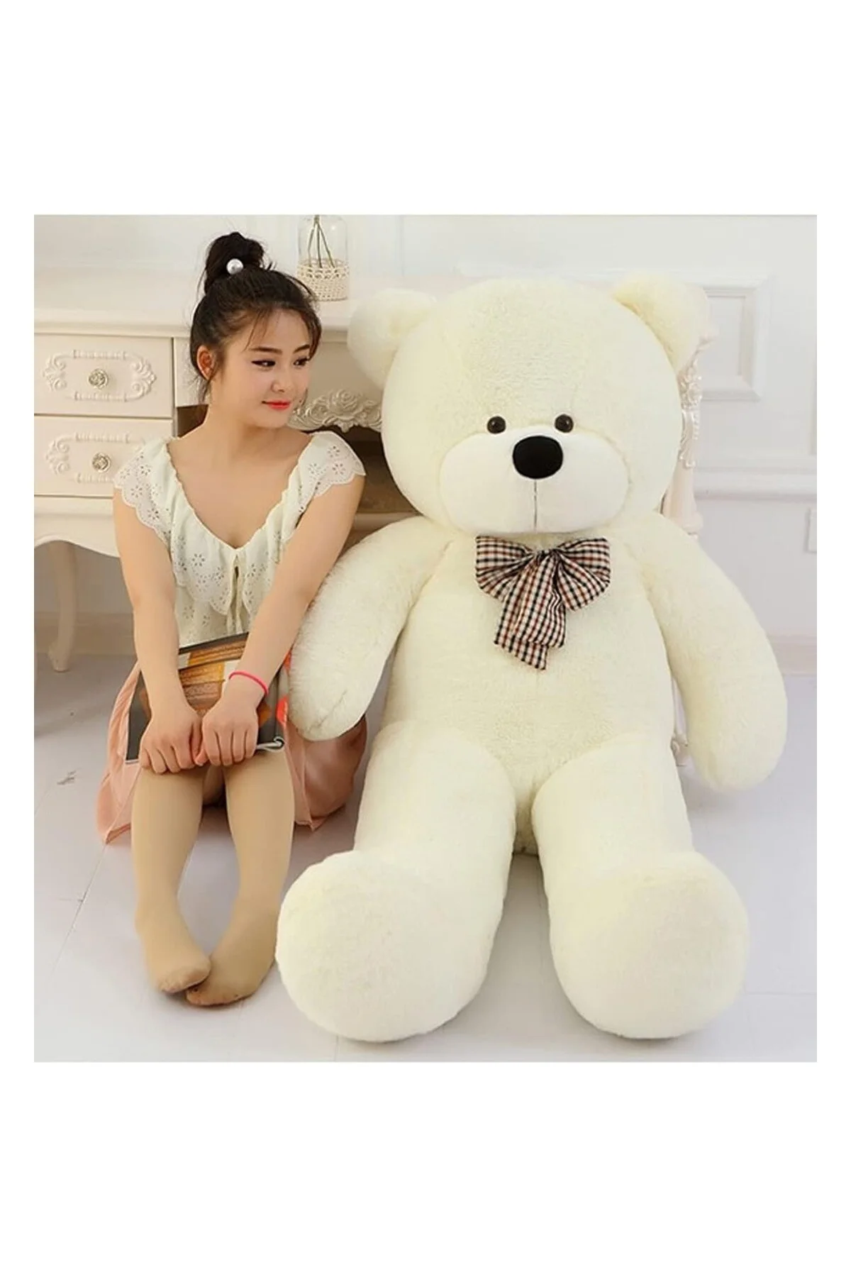 Sevgiliye Özel Hediye 140 cm Papyonlu Peluş Beyaz Ayıcık