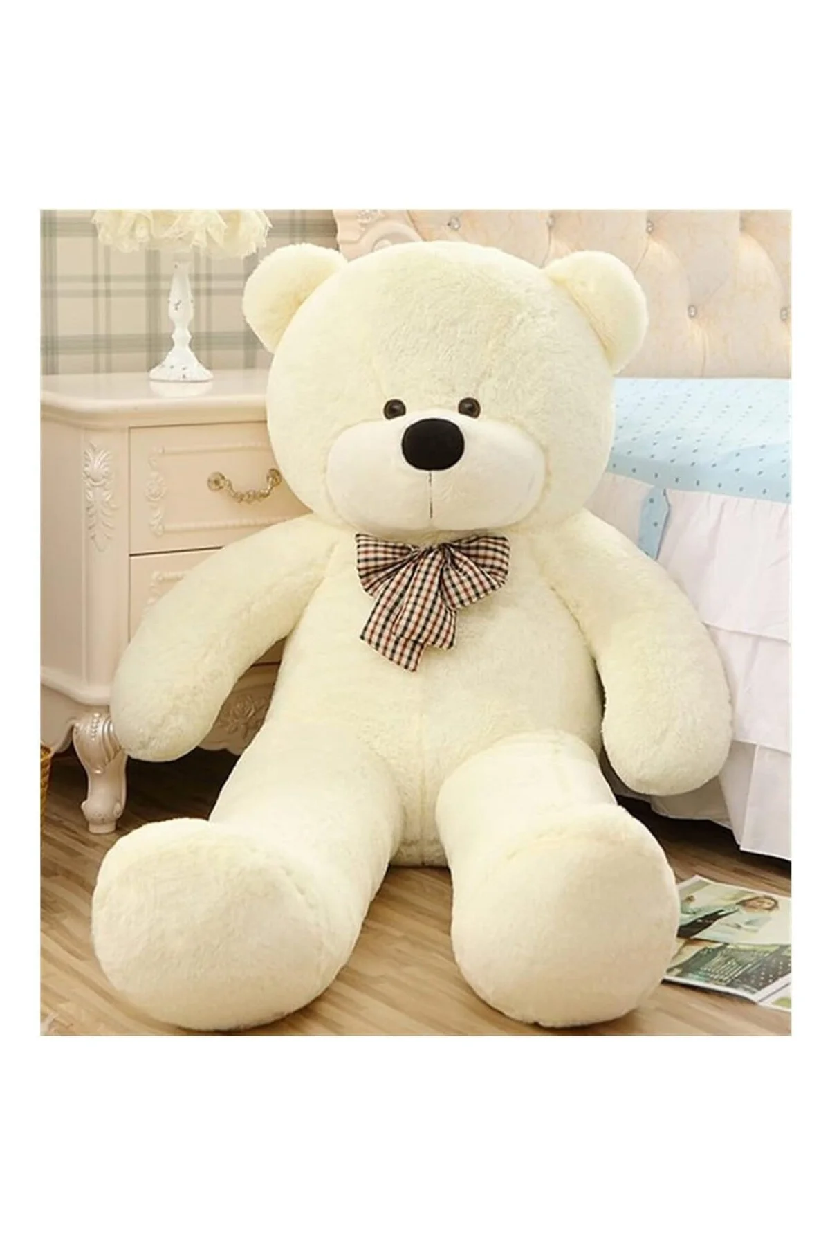 Sevgiliye Özel Hediye 140 cm Papyonlu Peluş Beyaz Ayıcık