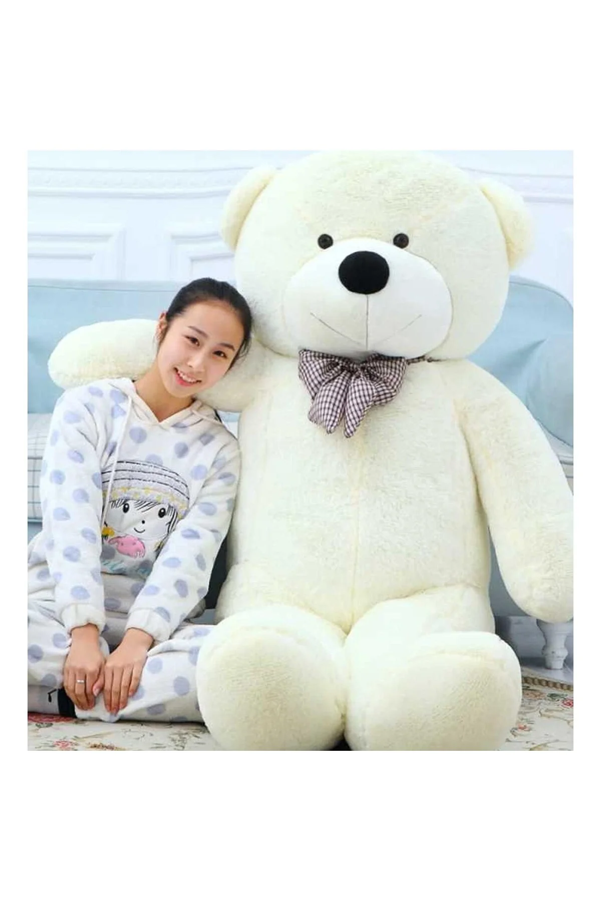 Sevgiliye Özel Hediye 140 cm Papyonlu Peluş Beyaz Ayıcık