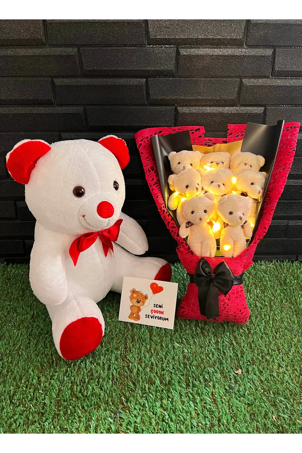 Sevgiliye Romantik Hediye 35cm Ayıcık ve 8 Ayıcıklı Işıklı Ayıcık