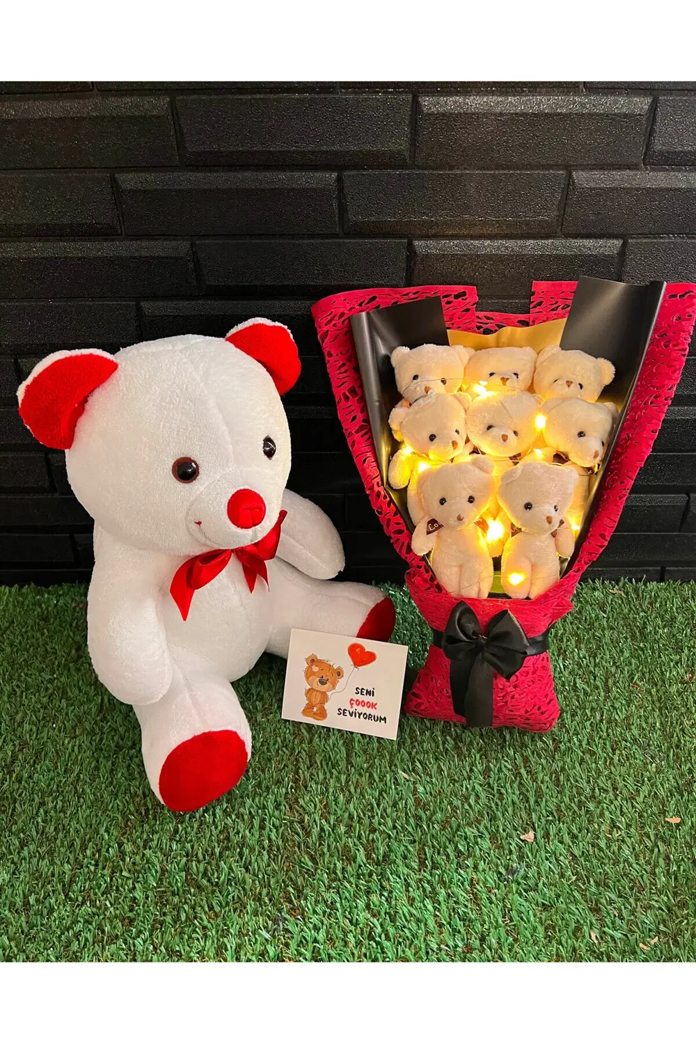 Sevgiliye Romantik Hediye 35cm Ayıcık ve 8 Ayıcıklı Işıklı Ayıcık