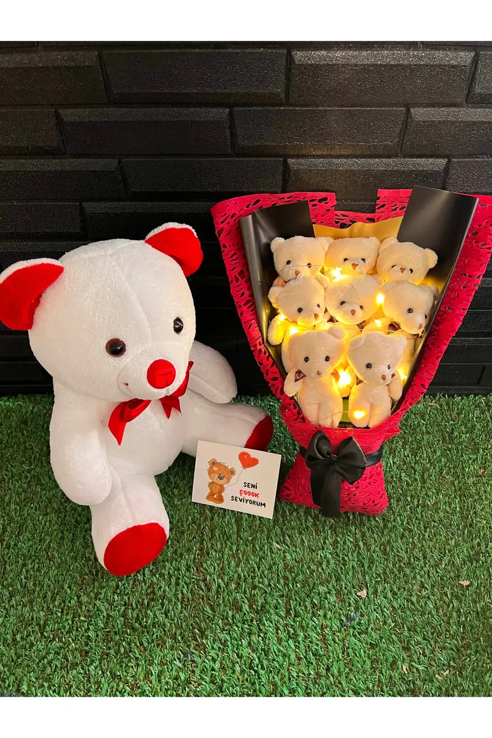 Sevgiliye Romantik Hediye 35cm Ayıcık ve 8 Ayıcıklı Işıklı Ayıcık