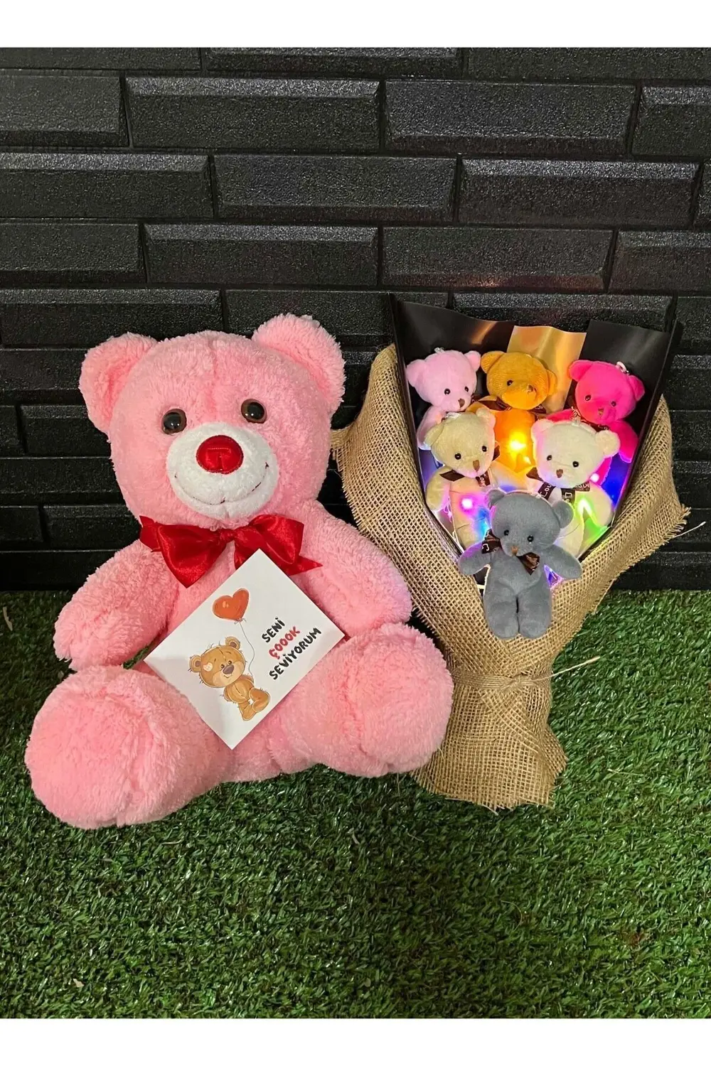 Sevgiliye Romantik Hediye 35cm Pembe Ayıcık ve Rengarenk Işıklı 6