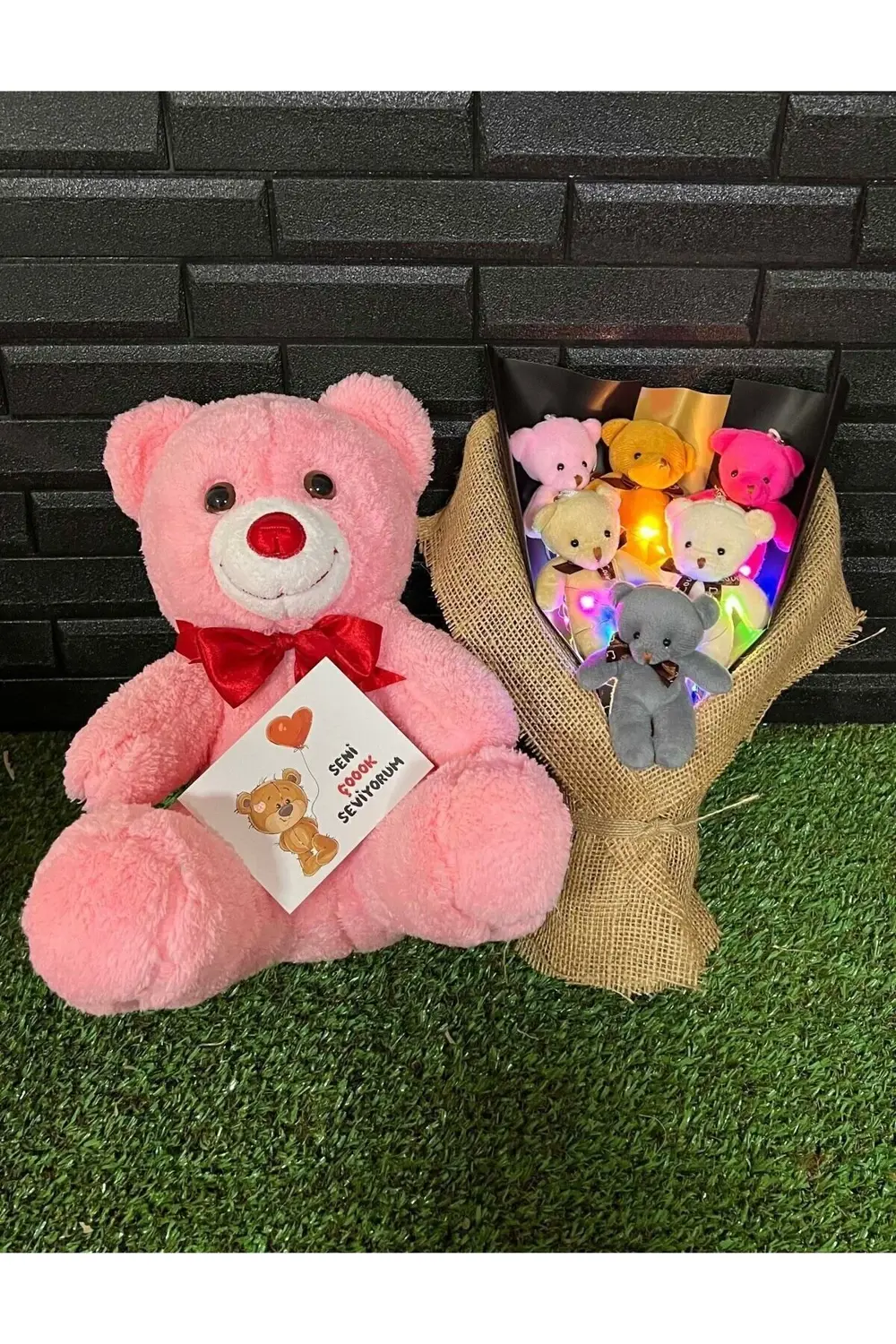 Sevgiliye Romantik Hediye 35cm Pembe Ayıcık ve Rengarenk Işıklı 6