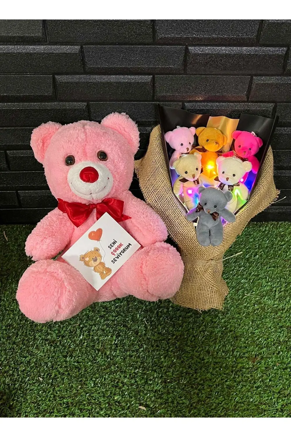 Sevgiliye Romantik Hediye 35cm Pembe Ayıcık ve Rengarenk Işıklı 6