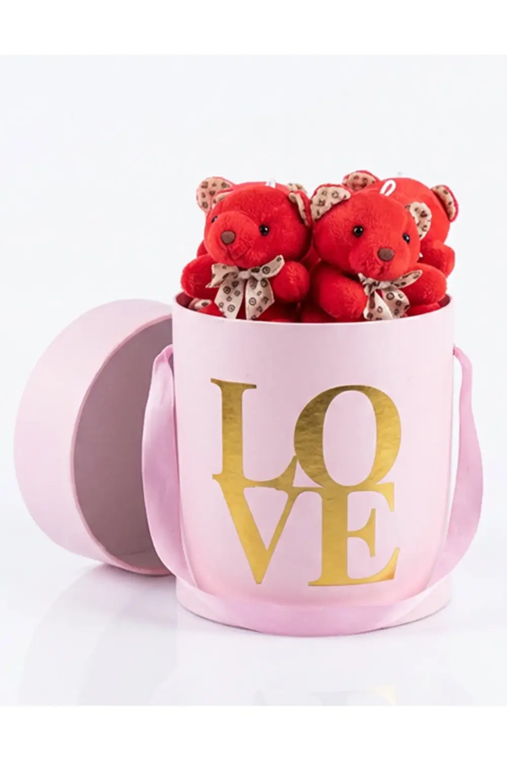 Sevgiliye Romantik Hediye Pembe Kutuda Mini Kırmızı Ayılar - Sevg