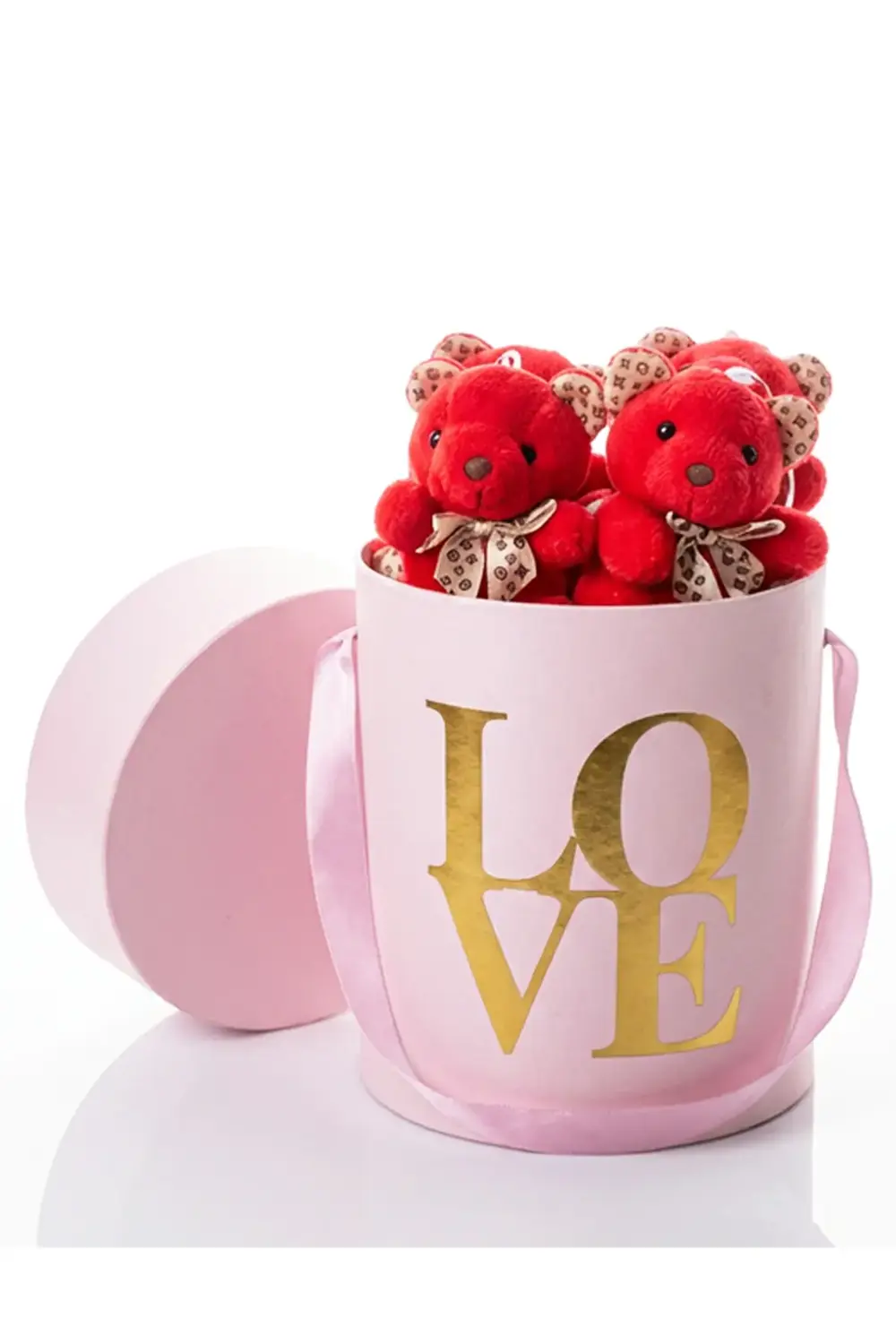 Sevgiliye Romantik Hediye Pembe Kutuda Mini Kırmızı Ayılar - Sevg