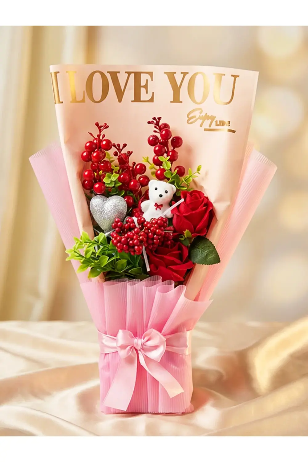 Sevgiliye Yılbaşı Hediyesi - Kırmızı Güllü Kokina Buket - Sevgili