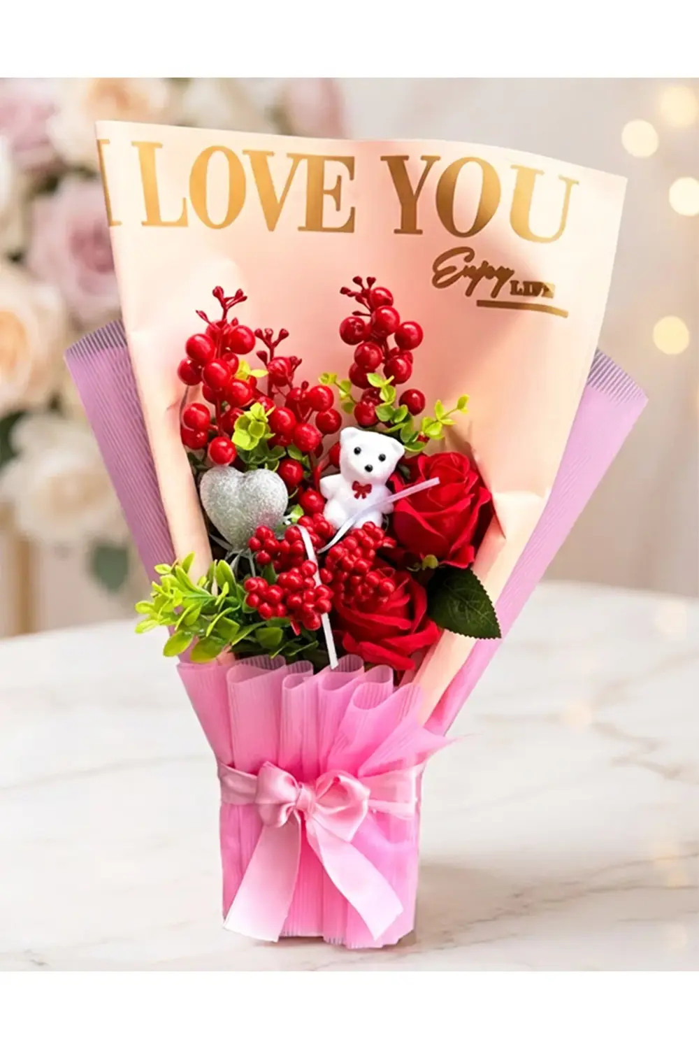 Sevgiliye Yılbaşı Hediyesi - Kırmızı Güllü Kokina Buket - Sevgili
