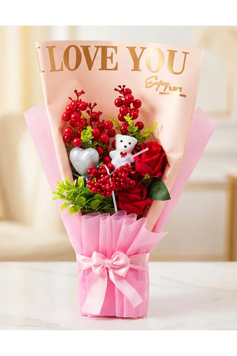 Sevgiliye Yılbaşı Hediyesi - Kırmızı Güllü Kokina Buket - Sevgili
