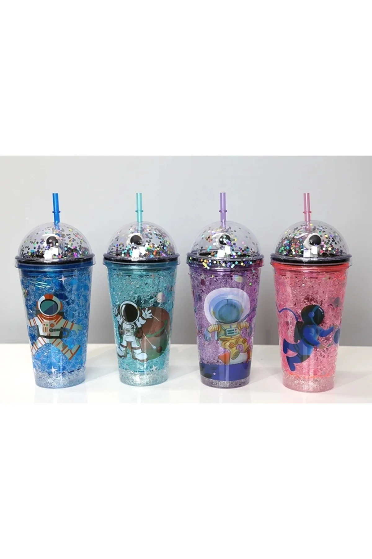 Sevimli Astronot Işıklı Pipetli Pullu Suluk & Bardak 400 Ml Alk31