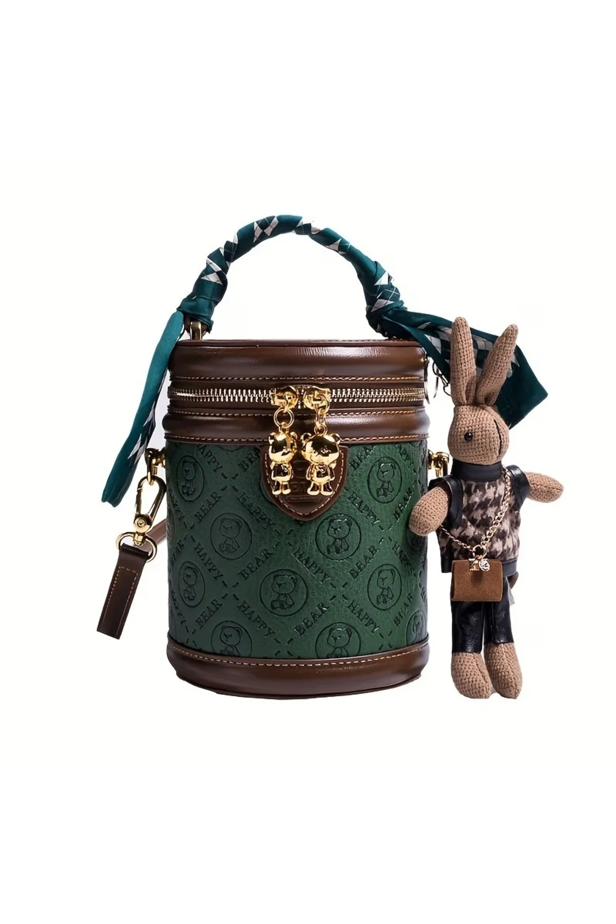 Sevimli Ayı Baskılı, Fular Aksesuarlı ve Fermuarlı Silindirik Crossbody / El Çantası Seti - Görsel 6