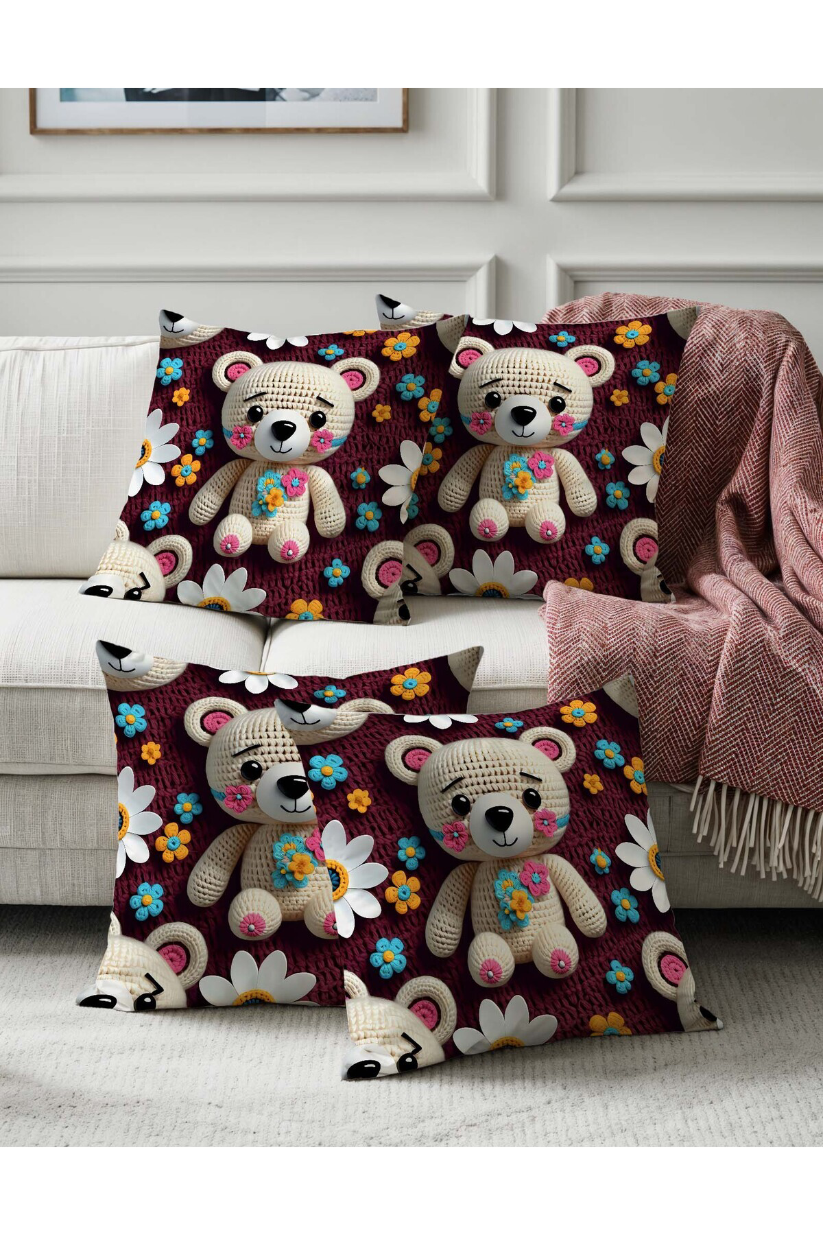 Sakallı Sevimli Ayıcık Çocuk Odası Temalı Nakış Görünümlü Dijital Baskılı