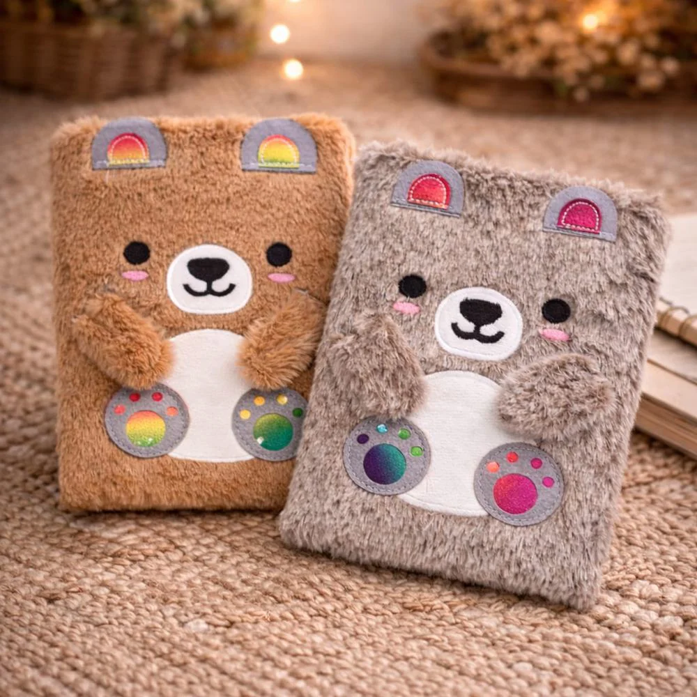 Sevimli Ayıcık Tasarımlı Peluş Kapaklı Çizgili Defter