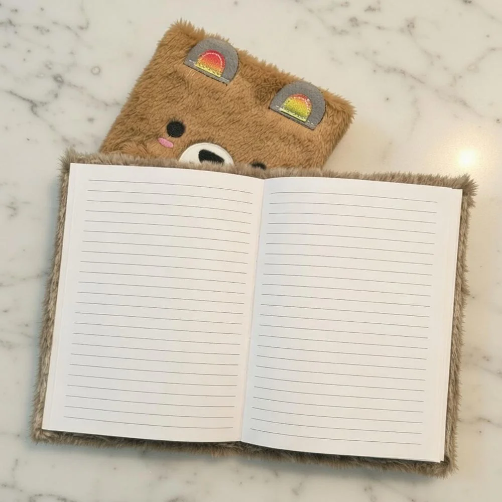 Sevimli Ayıcık Tasarımlı Peluş Kapaklı Çizgili Defter