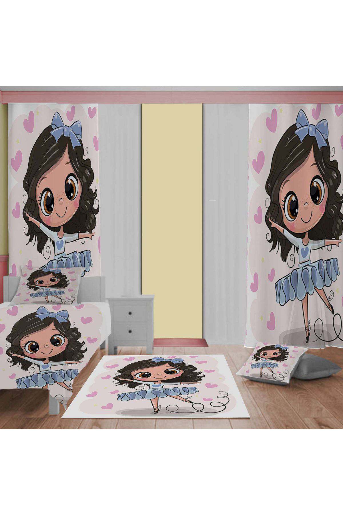 Evan Home Sevimli Balerin Desenli Çocuk Odası Takım Perde (İki Kanat),Yatak Örtüsü,Yastık,Kırlent ,Halı,