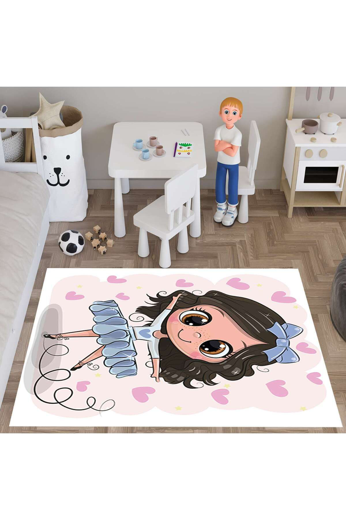 Evan Home Sevimli Balerin Desenli Çocuk Odası Takım Perde (İki Kanat),Yatak Örtüsü,Yastık,Kırlent ,Halı,